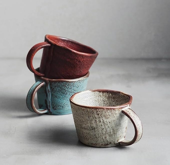 2-pcs handcrafted clay water cups, couple cups, household coffee, hot tea, oatmeal, milk cups (300ML, 7 * 10cm), office retro mugs, suitable for dishwasher, microwave, oven. (beige)