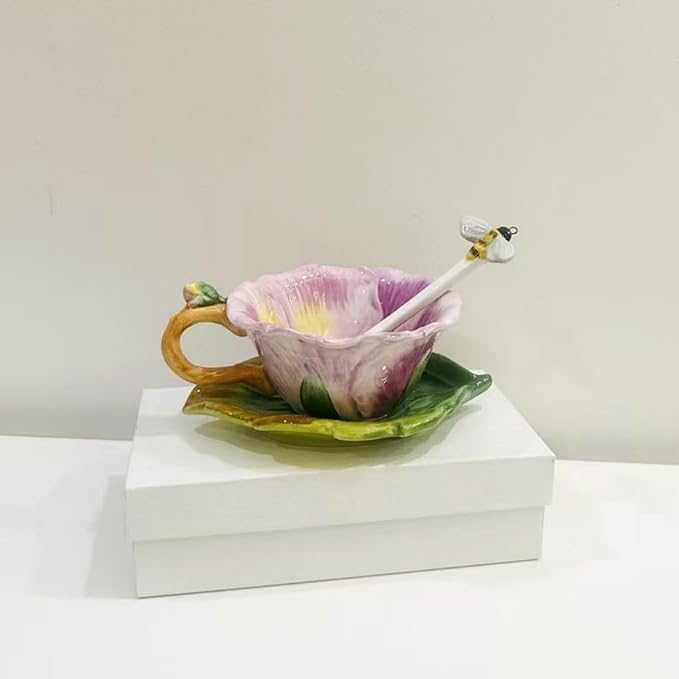 Ceramic Pansy Coffee Cup and Saucer Set with Spoon，6OZ 3D Hand-Painted Flower Tea Mug，Gift for Women (Lilac)