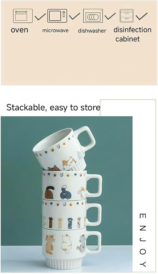 Ceramic Coffee Mugs 12 oz, Cups Set of 4, Mug for Coffee Milk Latte Cappuccino Tea, for Office Home shwasher Microwave Freezer Safe（Cat）