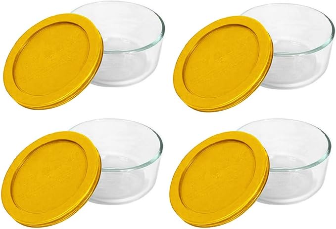 Pyrex 7200 2 Cup Glass Bowls & 7200-PC Butter Yellow Food Storage Replacement Lids (4-Pack) - Made in USA