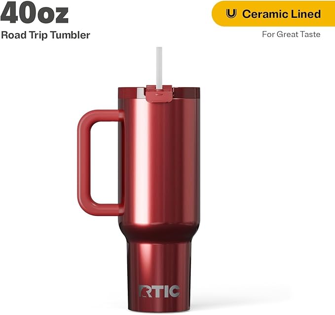 RTIC 40 oz Road Trip Tumbler Double-Walled Insulated Stainless Steel Portable Travel Coffee Mug Cup with Lid, Handle and Straw, Black Cherry Metallic