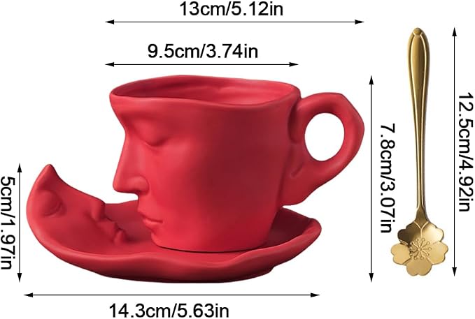 Human Face Ceramic Coffee Mug, 8.8oz/260ml Kissing Coffee Cup with Saucer Coffee Spoon, Tea Cup Milk Latte Espresso Cappuccino Juice Beverage Iced Tea Water Cups Drinkware (Red)