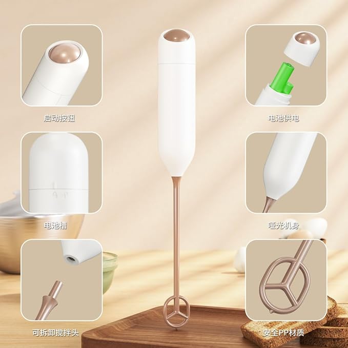Electric Milk Frother, Handheld Milk Foam Maker with 1W High-Torque Motor, White, Food Grade Material, One-Button Operation, for Coffee Drinks and Baby Food