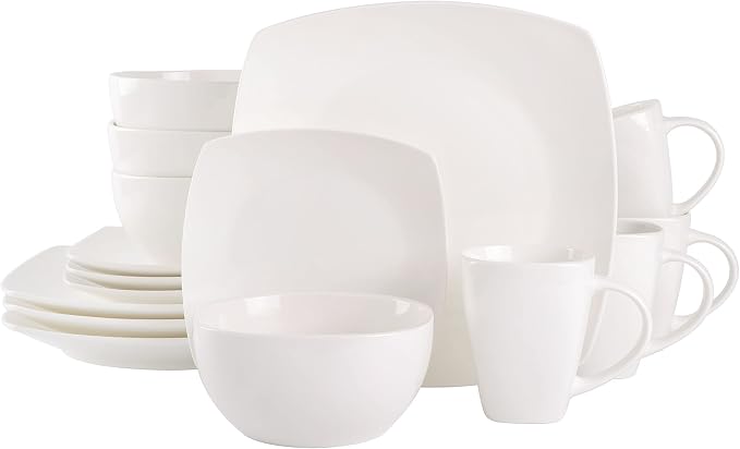 Gibson Soho Lounge Square Porcelain Chip and Scratch Resistant Dinnerware Set, Service for 4 (16pc), White
