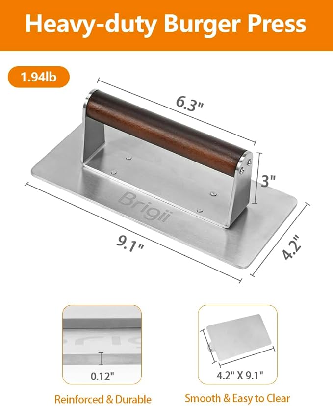Brigii Stainless Steel Burger Press Smasher - 9"x4" Rectangular Grill Press with Wooden Handle(Heat-Proof), Non-Stick Smooth for Hamburger Patties, Bacon, Steak & BBQ Grilling, Dishwasher Safe