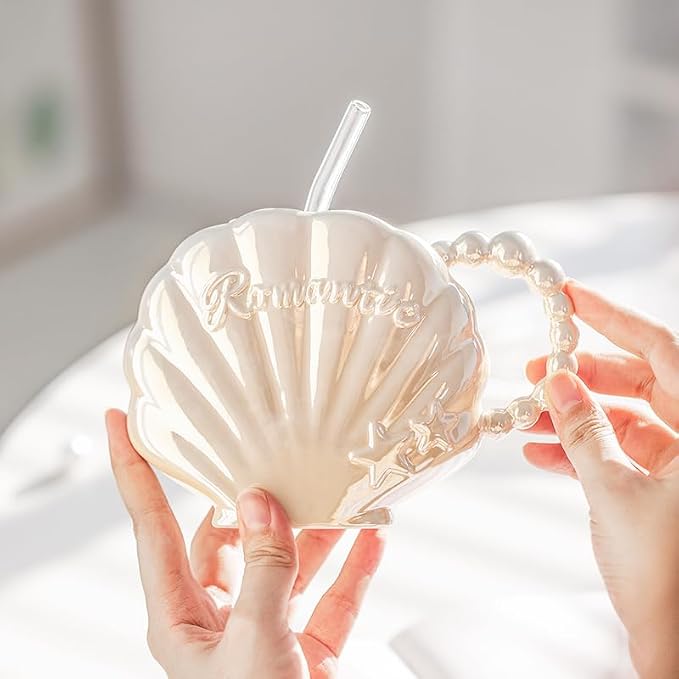Pearl Shell Ceramic Coffee Mug with Coaster Set for Tea Latte Milk Cute Cup with Saucer for Home Office Women Gift 6.5 oz (Shell with Straw Beige, 450 ml)