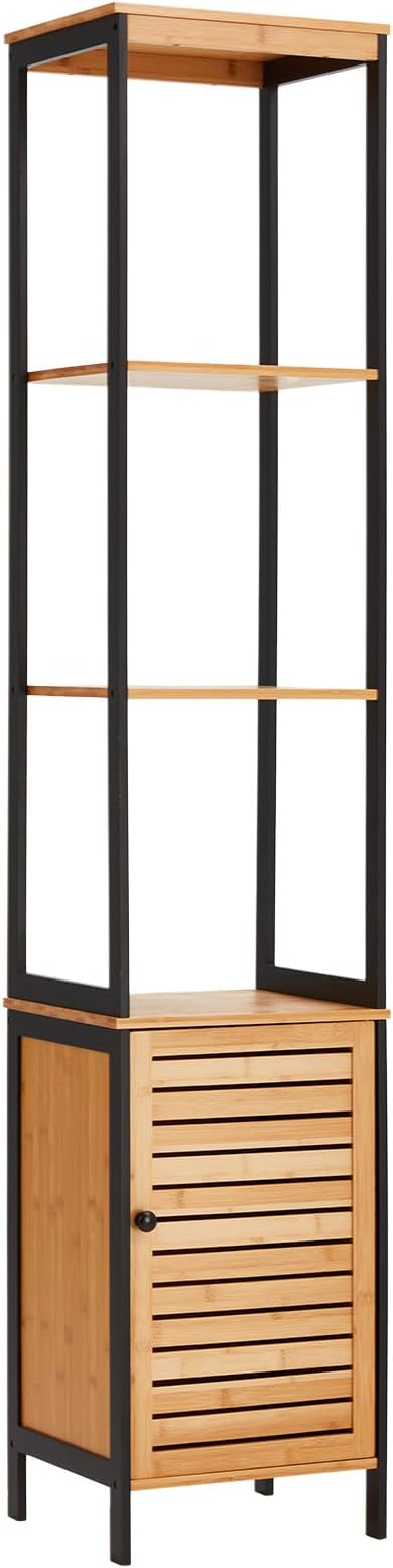 Tall Bamboo Bathroom Cabinet, 5 Tier Floor Shelving Unit with Open Shelves & Cabinet Storage, Premium Moso Bamboo Organizer for Bathroom, Kitchen, or Living Room