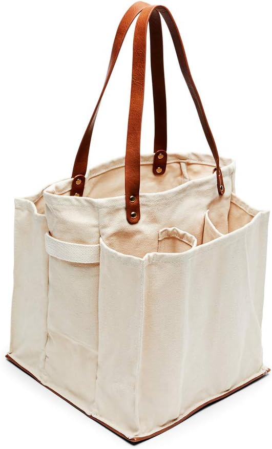 CapaBunga Farmer's Market Tote Shopping Bags with Handles - 7 Pocket Large Utility Tote Bag - Heavy Duty Canvas Utility Bag with Vegan Leather Base - Reusable Tote Bag - Natural Grocery Bag