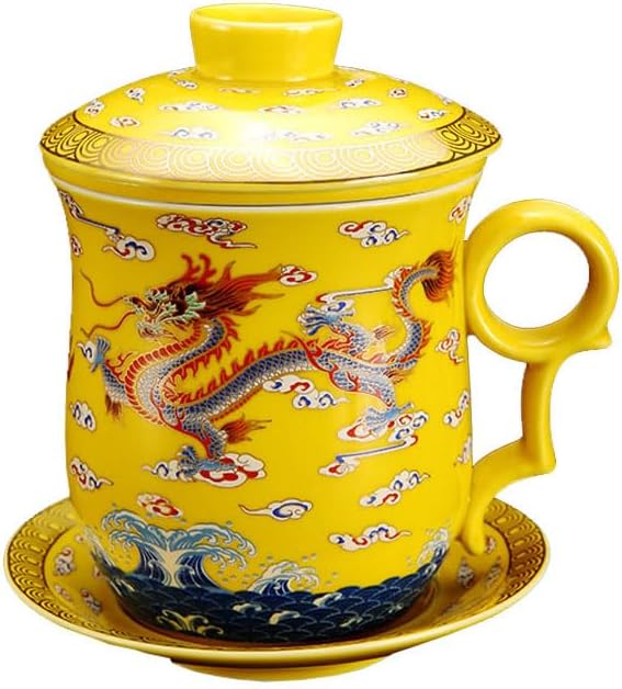 GOLDY&WENDY Ceramic Tea Mug with Strainer Infuser and Lid and Saucer Chinese Porcelain Tea Cup Loose Leaf Tea Brewing System for Home Office