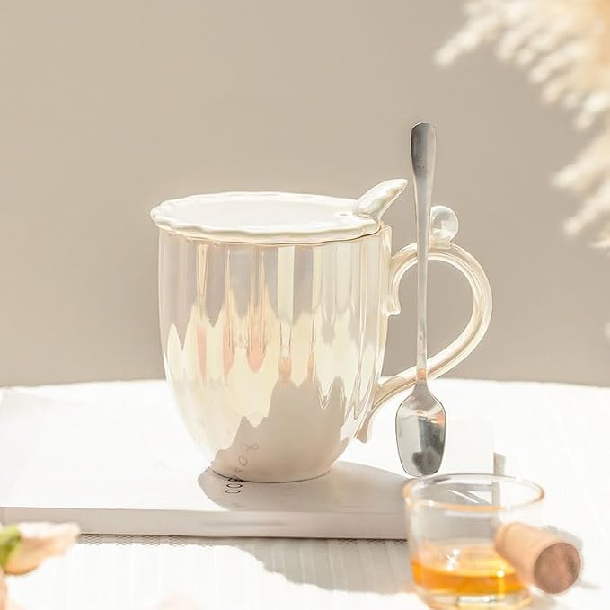 Pearl Ceramic Coffee Mug for Tea Latte Milk Cute Love Shape Cup for Home Office Women Gift 6.5 oz (Shell White, 420 ml)
