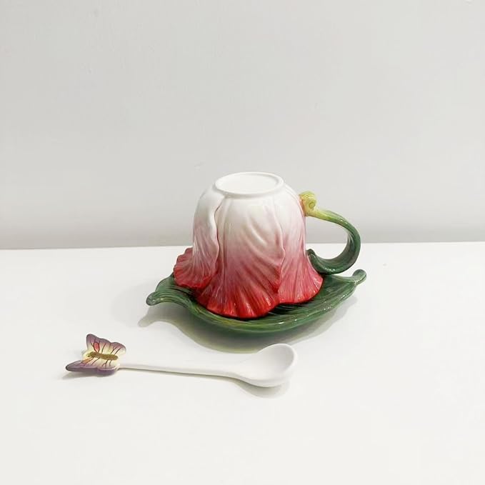 Ceramic Tea Cup and Saucer Set ，8OZ 3D Hand-Painted Flower Coffee Mug，Gift for Women -RoseRed