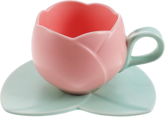 Luxshiny Ceramic Pink Tulip Coffee Mug with Handle, 10oz/300ml Tulip Shape Coffee Cup with Saucer for Tea Milk for Home Office (Pink)