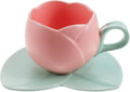 Luxshiny Ceramic Pink Tulip Coffee Mug with Handle, 10oz/300ml Tulip Shape Coffee Cup with Saucer for Tea Milk for Home Office (Pink)