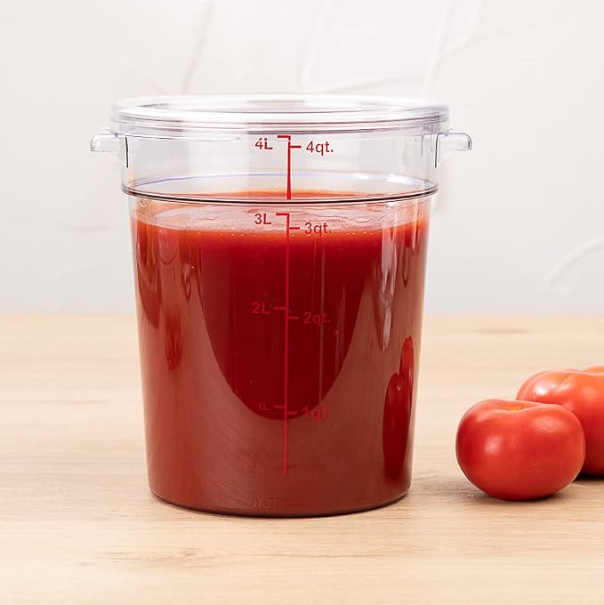 Restaurantware Met Lux 4 Quart Food Storage Containers 10 Round Commercial Storage Containers - Lids Sold Separately With Volume Markers Clear Plastic Food Prep Buckets Space-Saving Storage