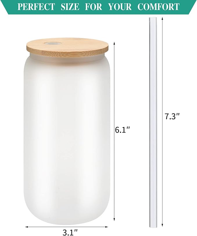 WHEATHUSK 20 Pack Sublimation Glass Cups Frosted 16oz Blanks Sublimation Borosilicate Glasses Tumbler with Bamboo Lids and Straws for Beer, Juice, Soda, Iced Coffee, Drinks