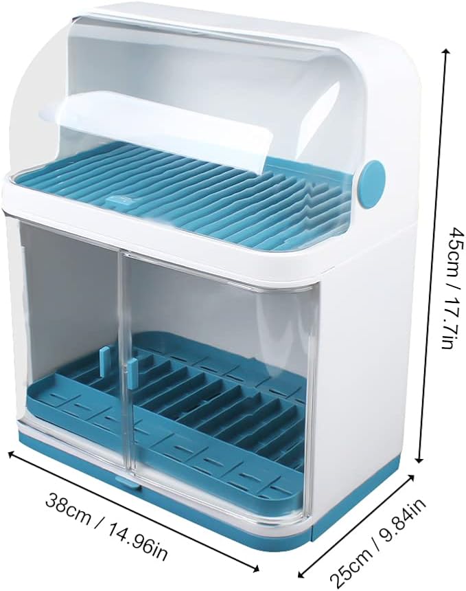 2 Tier Dish Drying Rack with Cover, Plastic Kitchen Plate Cup Dish Drying Rack， with Removable Drain Board, for Dish/Knifes/Cup, Blue, White
