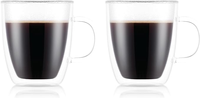 Bodum 15oz Bistro Double Wall Insulated Mug, High-Heat Borosilicate Glass, Set of 2, Clear
