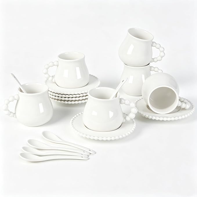 Coffee Cups Set of 6, 8 oz Ceramic Espresso Coffee Cup Set, Latte Mugs with Saucers and Spoons for Cappuccino, Latte, Mocha, Tea, Au Lait, Dishwasher & Microwave Safe