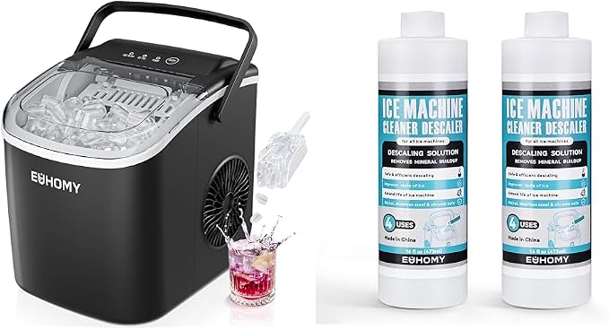 EUHOMY Countertop Ice Maker Machine with Handle, 26lbs in 24Hrs, 9 Ice Cubes Ready in 6 Mins with 32 Fl OZ Ice Machine Cleaner Descaler (8 Uses)