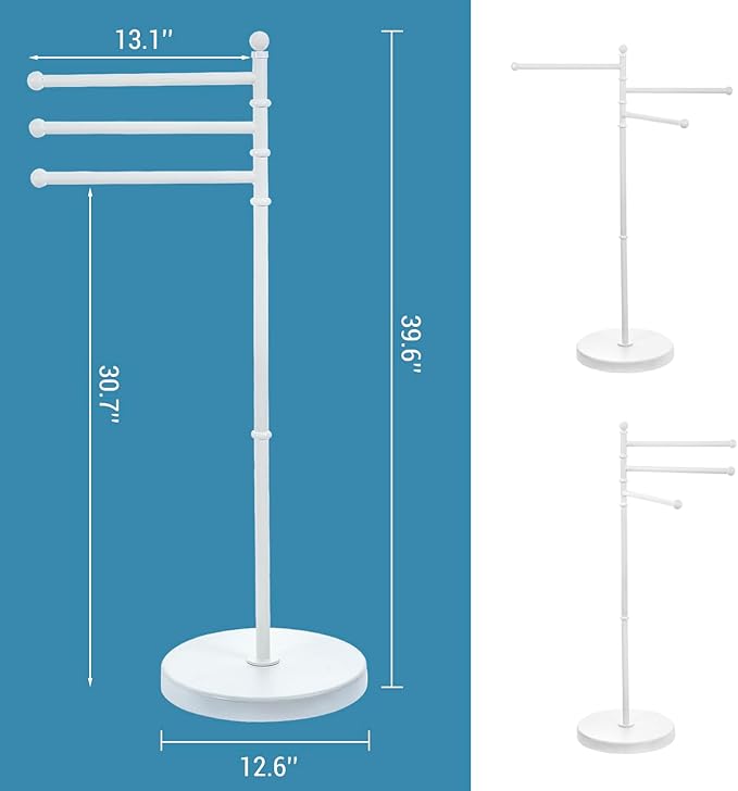 MyGift 40 Inch Bathroom Towel Rack Holder, Free Standing Bath Towel Rack with 3 Swivel Bars, Spa Pool Hot Tub Valet Accessories Stand for Drying Towels, Matte White Metal