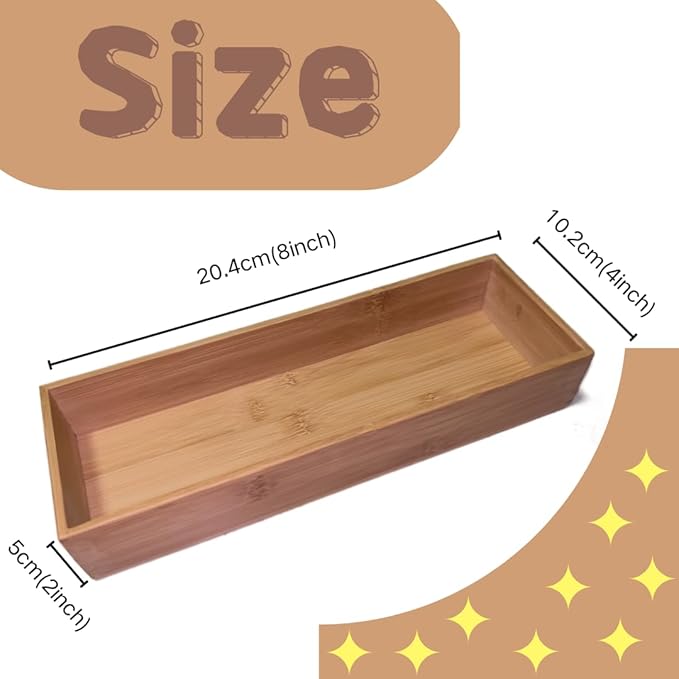 Bamboo drawer organizer Kitchen Utensil Organizer Cutlery Box for Dresser Makeup Tool Office Desk Supplies Storage and Accessories 8"x 4"x 2"