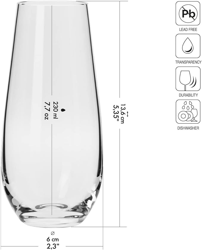 Krosno Champagne & Drink Glasses from the Harmony Collection | Set of 6 | 7.8 oz | Crystal Clear | For Home, Restaurant & Parties | Dishwasher Safe | Lead-Free Crystal Glass