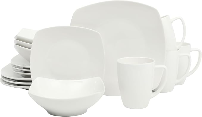 Gibson Home Zen Buffet White Porcelain Dinnerware Set for 4, Square Plates Bowls and Mugs, Chip and Scratch Resistant, Dishwasher and Microwave Safe, 16 Piece