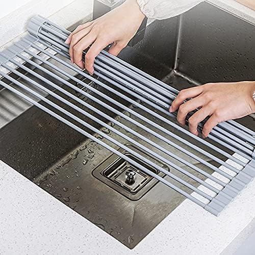 Bigdata&BetterLife Roll Up Dish Drying Rack Simple Large Space Saving Dish Drying Mat with Rack for Kitchen Foldable Silicone Coated Stainless Steel Heavy Duty Dry Rack (Gray, 20.5" x 13.1")