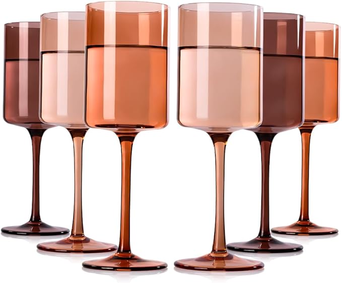 Brown Colored Square Wine Glasses Set of 6, 14oz【Hand Blown】 Amber Crystal Venus Wine Glasses with Long Stem - Melanin Wine Glasse Gifts for Christmas Home Dinner Party