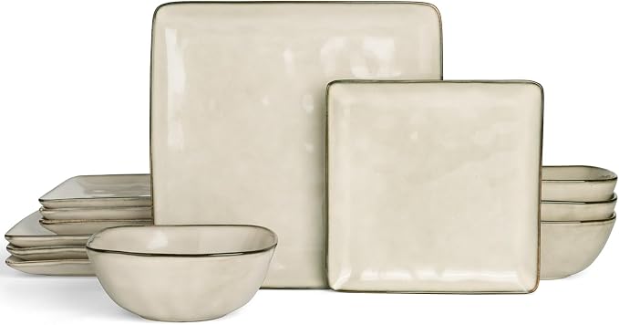 Famiware Stoneware Dinnerware Sets for 4, Ocean Square 12-Piece Kitchen Plates and Bowls Sets, Microwave and Dishwasher Safe, Scratch Resistant, Light khaki