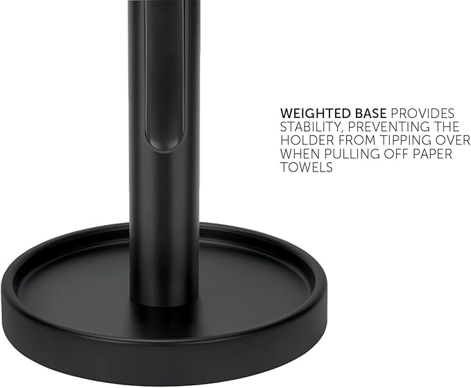Ivilon Countertop Paper Towel Holder - Weighted Heavy Duty Steel Stand with Non-Slip Base for a Steady One-Handed One Sheet Tear - Fits All Rolls - Black