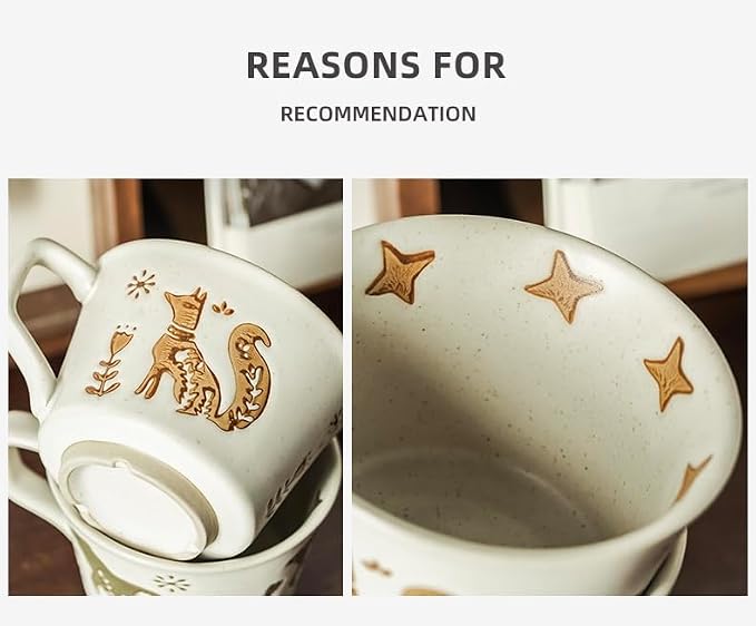 12OZ Stackable Coffee Mugs,Vintage Ceramic Coffee Mugs With Animal patterns for Man,Woman,Dad,Mom, Modern Coffee Mugs Set of 4 for Latte,Cappuccino,Cocoa. Dishwasher&Microwave Safe(golden)