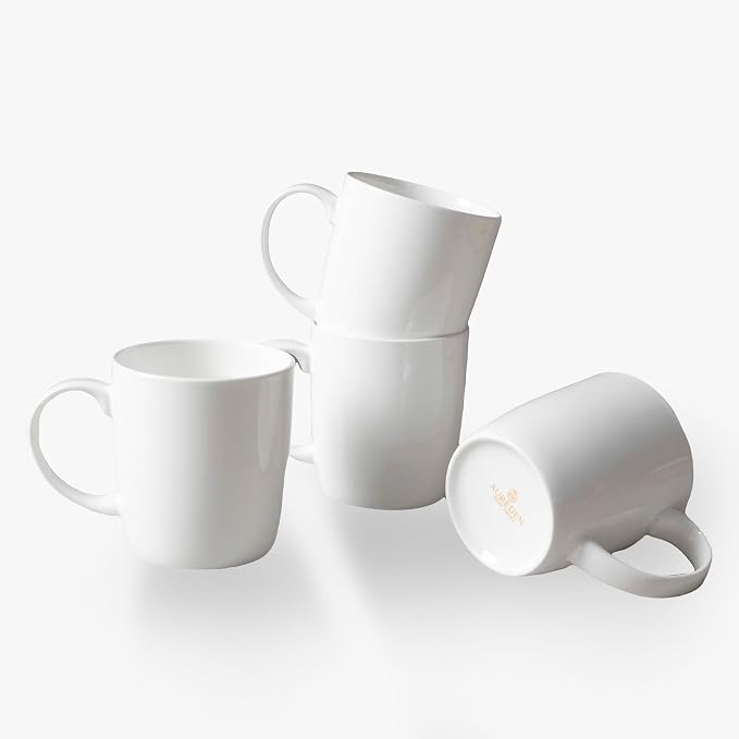 Small Bone China Mug Set (10 oz, Set of 4) – White Luxury Fine Porcelain Mugs for Tea, Coffee, Latte Art, Barista Use, Elegant Gifting