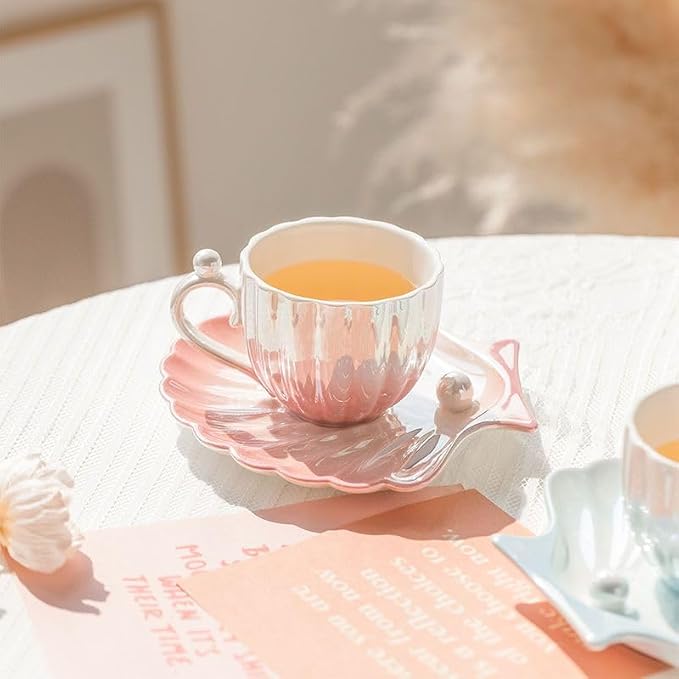 Pearl Shell Ceramic Coffee Mug with Coaster Set for Tea Latte Milk Cute Cup with Saucer for Home Office Women Gift 6.5 oz (Shell Gradient Pink, 240 ml)