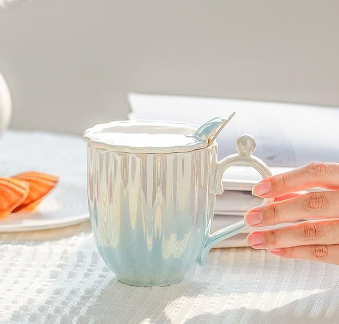 Pearl Ceramic Coffee Mug for Tea Latte Milk Cute Love Shape Cup for Home Office Women Gift 6.5 oz (Shell Pink, 420 ml)