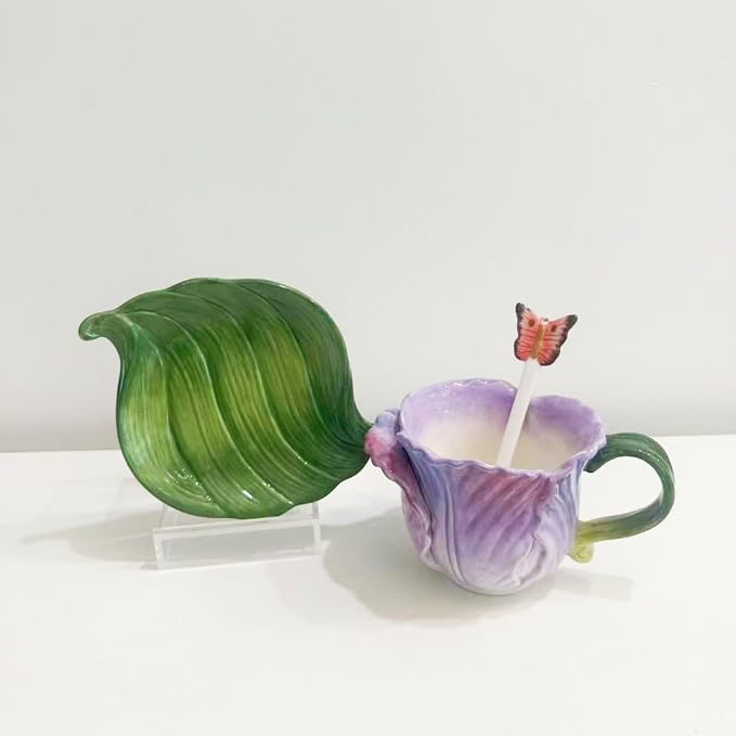 Ceramic Tea Cup and Saucer Set ，8OZ 3D Hand-Painted Flower Coffee Mug，Gift for Women -Pinkish Purple