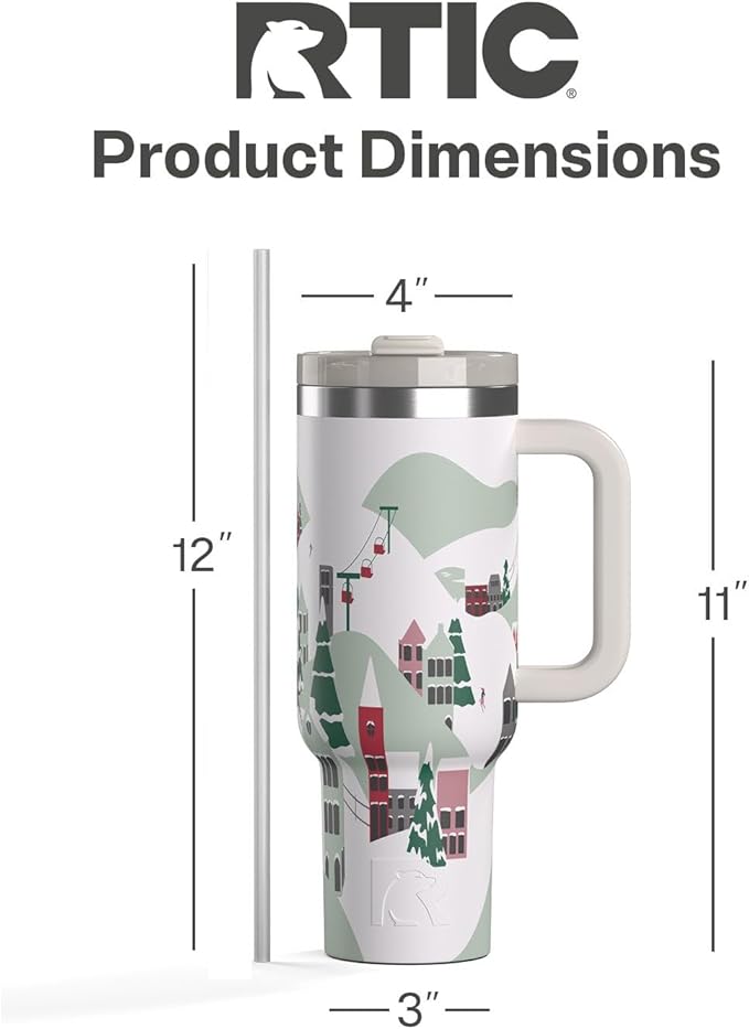 RTIC 40 oz Road Trip Tumbler Double-Walled Cermaic Lined Insulated Stainless Steel Portable Travel Coffee Mug Cup with Lid, Handle and Straw, Apres Ski