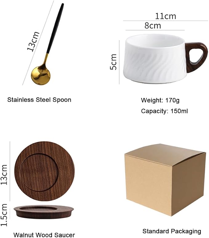 5oz/150ml Cappuccino Cup and Saucer Set, White Porcelain Cup with Walnut Wood Saucer, Espresso Coffee Mug, set of 1 (SYJ-TC002)