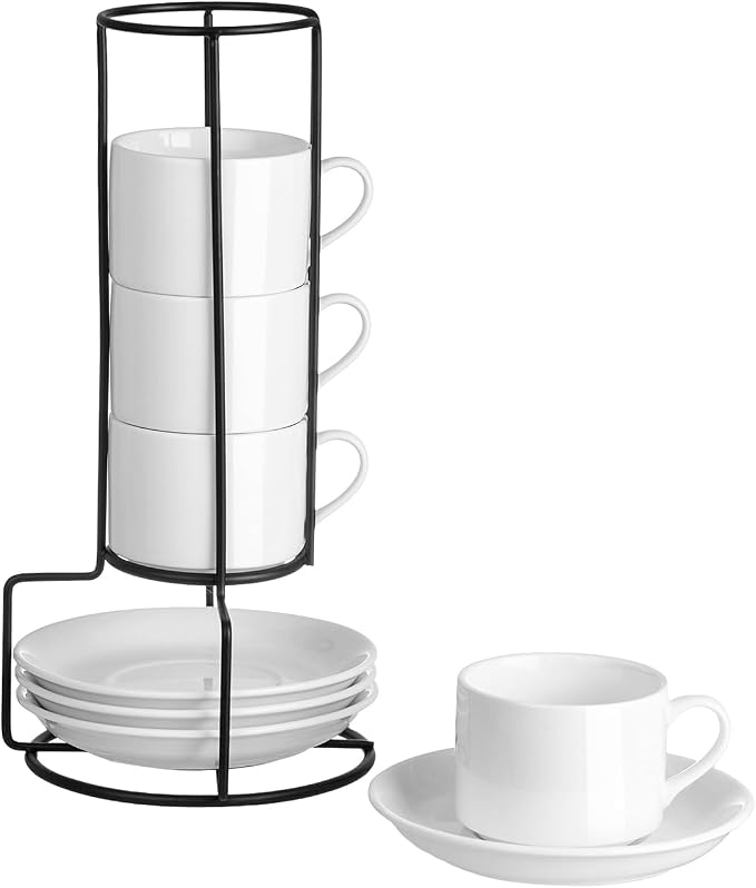 Espresso Cups Set of 4, 4oz Stackable Coffee Cups with Saucers and Metal Stand, White Demitasse Cups, Expresso Shots Cup Set