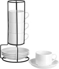 Espresso Cups Set of 4, 4oz Stackable Coffee Cups with Saucers and Metal Stand, White Demitasse Cups, Expresso Shots Cup Set
