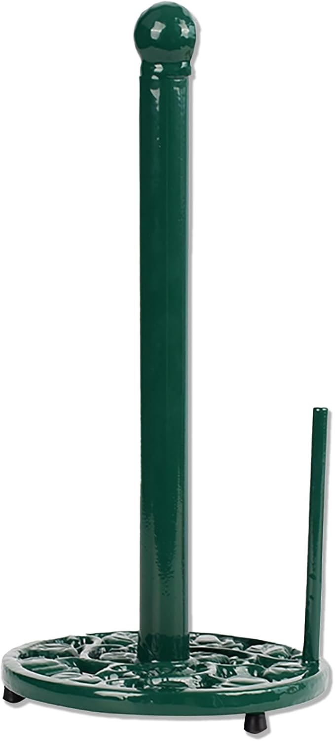 Green Cast Iron Paper Towel Holder for Kitchen Countertop - Vintage Pumpkin Pattern Standing Dispenser with Heavy Weighted Base, Farmhouse Decor, Fits Jumbo Rolls, One-Handed Tear