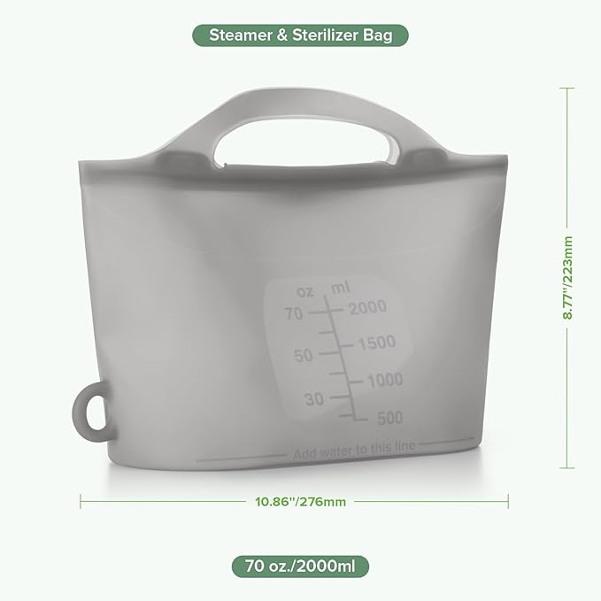 Haakaa Silicone Microwave Steamer & Steriliser Bag, 70oz/2000ml Large Capacity Reusable Steaming Bags for Baby Bottles, Breast Pump, Accessories, Pacifiers,Teethers, Great for Home&On The Go,Grey/2PCS