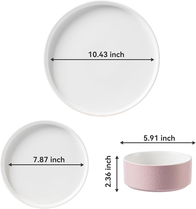 Pink Ceramic Dinnerware Set for 4, 12 Piece Porcelain Plates and Bowls Set for 4, Modern Stoneware Chip and Scratch Resistant Dish Sets, Dinner Plates Set, Microwave and Dishwasher Safe (Pink)