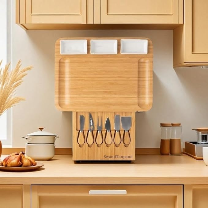 Charcuterie Boards，Cheese Board in cludes 6 Cheese Knives, 3 Seasoning Plates, with Platter and Drawer, Matching for Gatherings, Outing Door Use