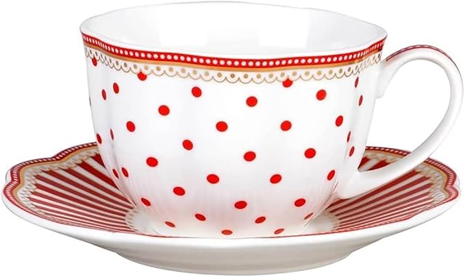 Red Dot Stripes Scallop 9-Ounce Porcelain Tea/Coffee Cup and Saucer, Set of 2