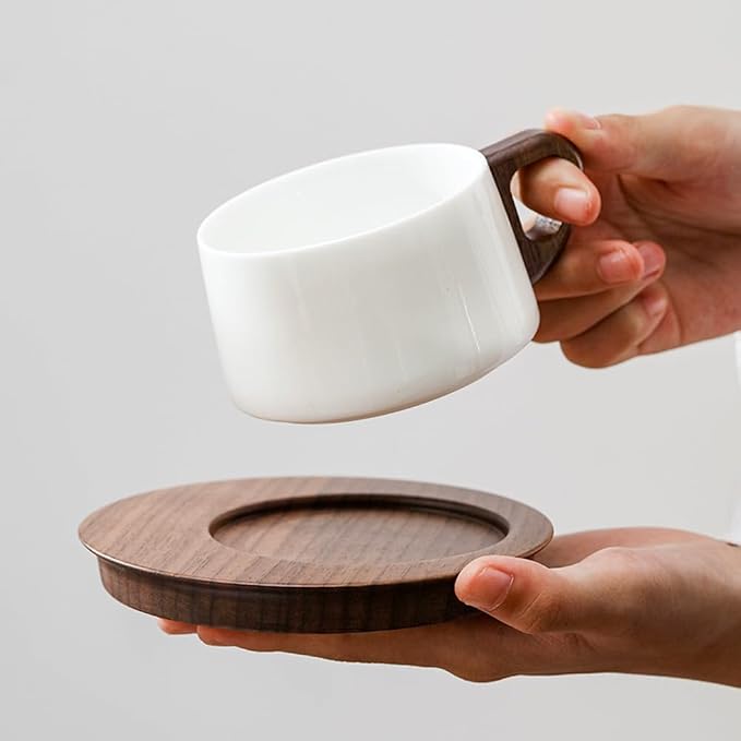 5oz/150ml Cappuccino Cup and Saucer Set, White Porcelain Cup with Walnut Wood Saucer, Espresso Coffee Mug, set of 1 (SYJ-TC001)