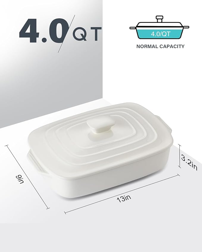 Large Ceramic Casserole Dish with Lid, 4.0 Quart Covered Rectangular Stoneware Baking Dishes for Oven, Deep 9x13 Inch Lasagna Pans for Baking and Serving, Perfect for Christmas, White