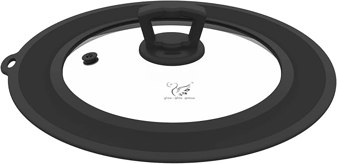 Vented Tempered Glass Universal Lid for Pot Pan Skillet with Heat Resistant Silicone Rim Microwave Splatter Lid Cover Microwave Safe Fit 6.5" 7" 7.5" Cookware, Dishwasher Safe Black