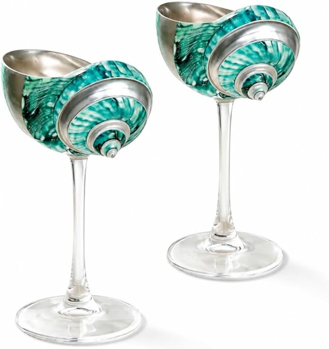LYFJMUS 2 Pcs Seashell Wine Glasses Wedding Wine Glasses Conch Cup Martini Cocktail Glass Cup for Birthday Wedding Beach Bridesmaids Anniversary Party (Green+White, 6.3inch)