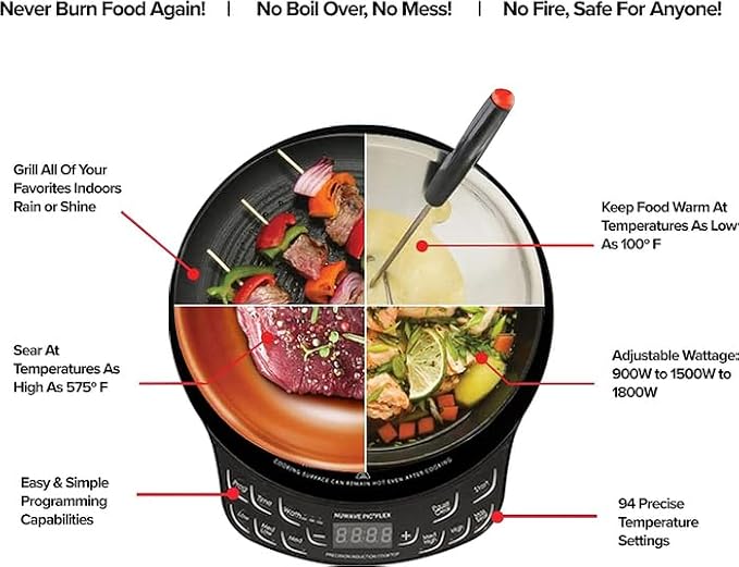 Nuwave PIC Flex Induction Cooktop, 45 Temps 100°F-500°F, 600-1300W, 6.5" Coil, for Dorms/RVs/Hotels, with 4Qt Ceramic Pan